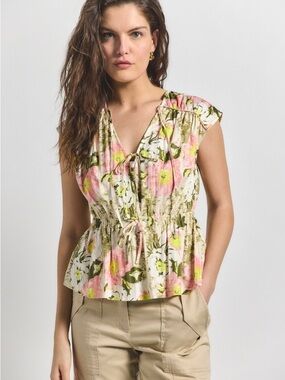 Nwot 10 Crosby Derek Lam Pink and Green Floral Tie-Front Peplum Top